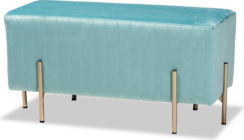 Wholesale Interiors Benches - Helaine Contemporary Glam and Luxe Sky Blue Fabric and Gold Metal Bench Ottoman