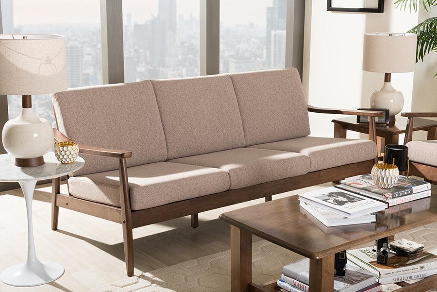 Wholesale Interiors Sofas & Couches - Venza Mid-Century Modern Walnut Wood Light Brown Fabric Upholstered 3-Seater Sofa