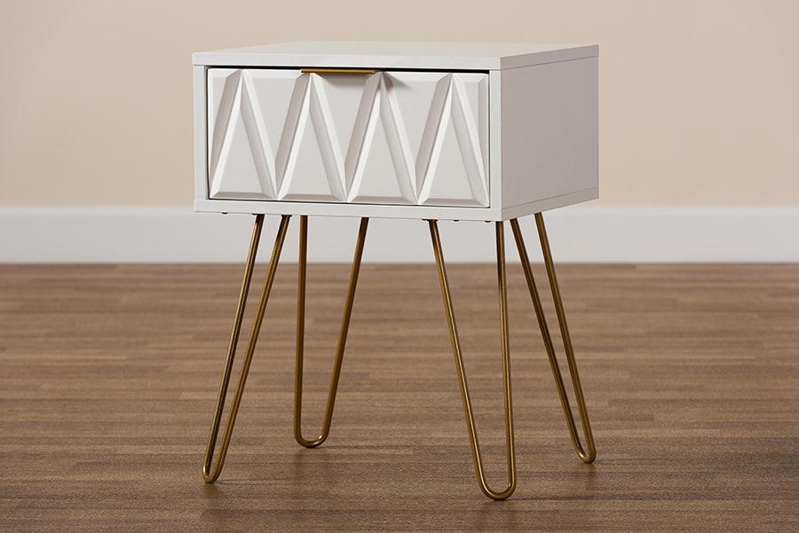 Wholesale Interiors Side & End Tables - Holbrook Contemporary Glam and Luxe White Finished Wood and Gold Metal 1-Drawer End Table