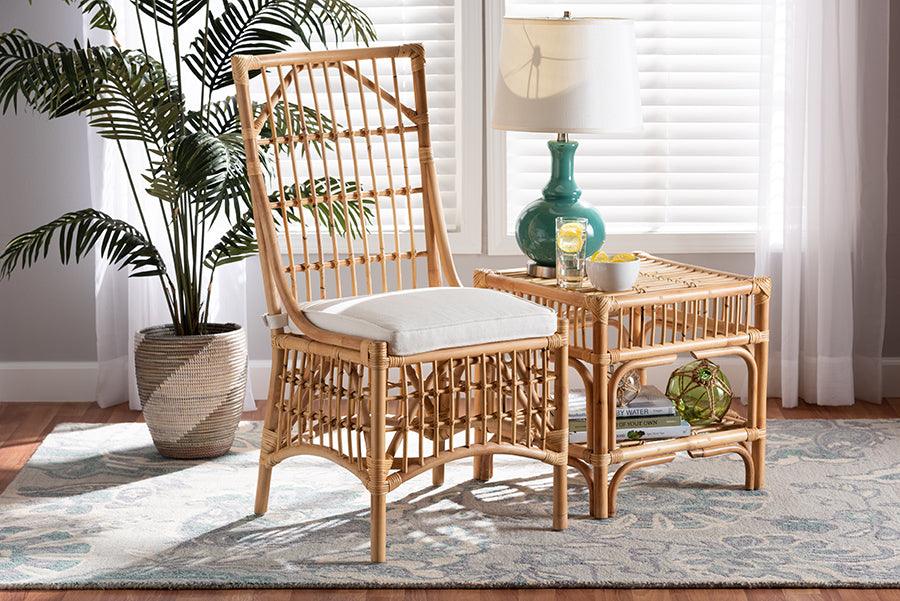 Wholesale Interiors Dining Chairs - Rose Modern Bohemian White Fabric Upholstered and Natural Brown Rattan Dining Chair