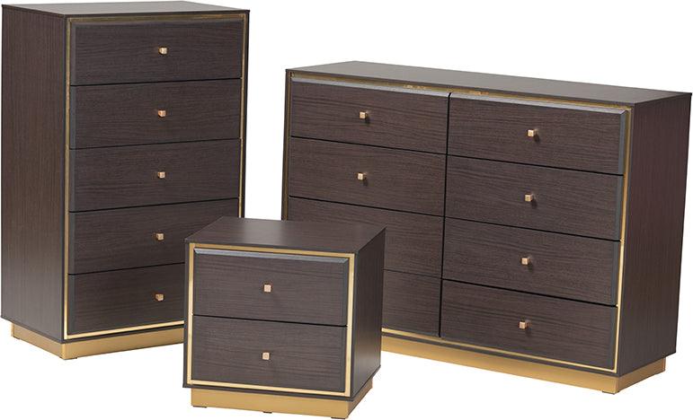 Wholesale Interiors Bedroom Sets - Cormac Dark Brown Finished Wood and Gold Metal 3-Piece Storage Set