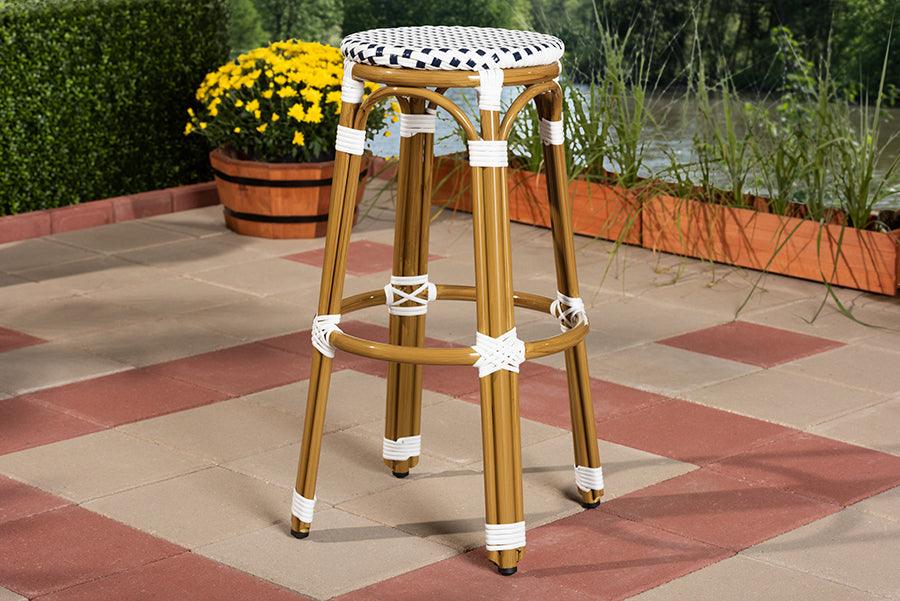 Wholesale Interiors Outdoor Barstools - Joelle Classic French Indoor and Outdoor Navy and White Bamboo Style Stackable Bistro