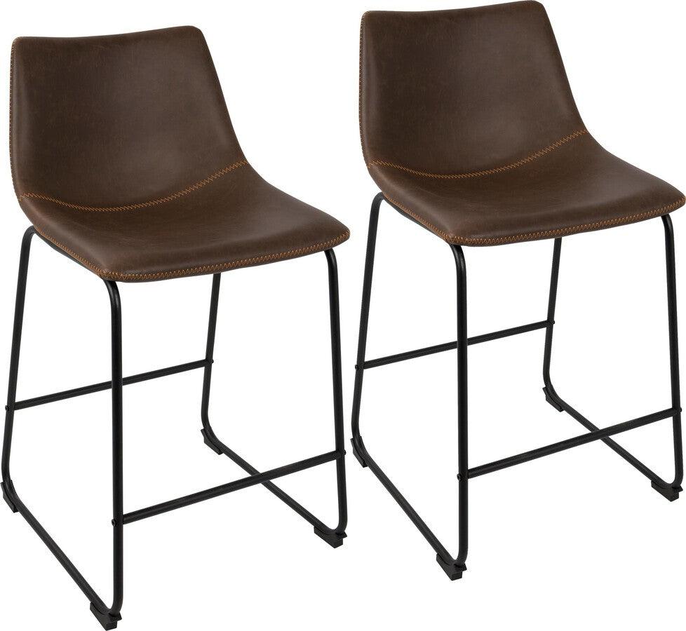 Lumisource Barstools - Duke 26" Industrial Counter Stool in Black with Espresso Faux Leather and Orange Stitching - Set of