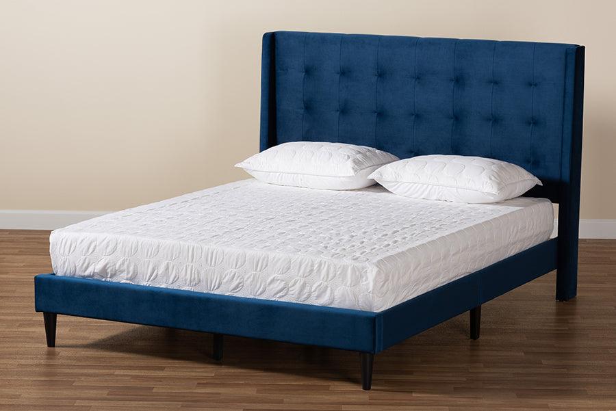 Wholesale Interiors Beds - Gothard Navy Blue Velvet Fabric Upholstered and Dark Brown Finished Wood Queen Size Platform Bed