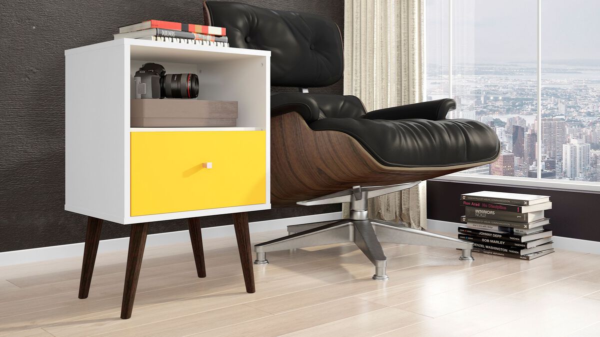 Manhattan Comfort Nightstands & Side Tables - Liberty Mid-Century - Modern Nightst& 1.0 White & Yellow
