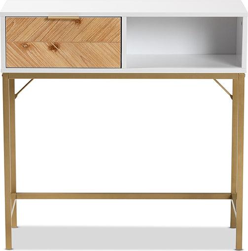Wholesale Interiors Consoles - Giona Two-Tone Oak Brown and White Finished Wood and Gold Metal 1-Drawer Console Table