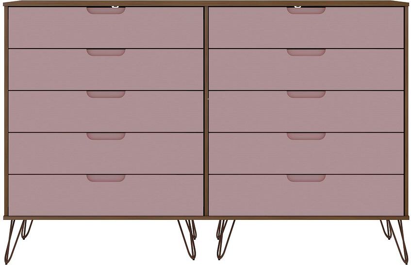 Manhattan Comfort Dressers - Rockefeller 10-Drawer Double Tall Dresser with Metal Legs in Nature & Rose Pink