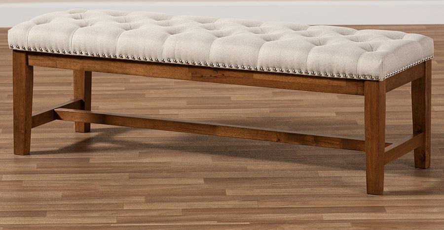 Wholesale Interiors Benches - Ainsley Contemporary Beige Fabric Upholstered Walnut Finished Solid Rubberwood Bench