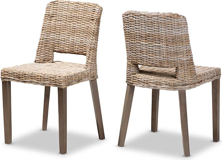 Wholesale Interiors Dining Chairs - Magy Modern Bohemian Grey Rattan and Natural Brown Wood 2-Piece Dining Chair Set