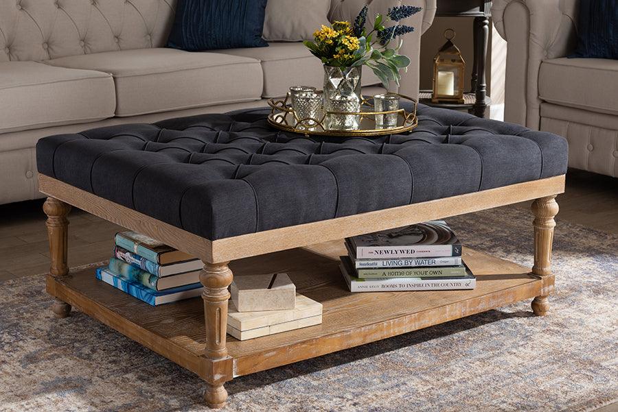Wholesale Interiors Ottomans & Stools - Lindsey Modern and Rustic Charcoal Linen Fabric and Greywashed Wood Cocktail Ottoman