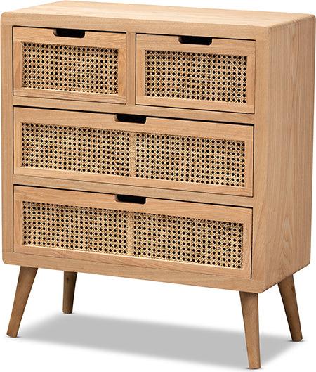 Wholesale Interiors Buffets & Cabinets - Alina Mid-Century Modern Medium Oak Finished Wood and Rattan 4-Drawer Accent Storage Cabinet