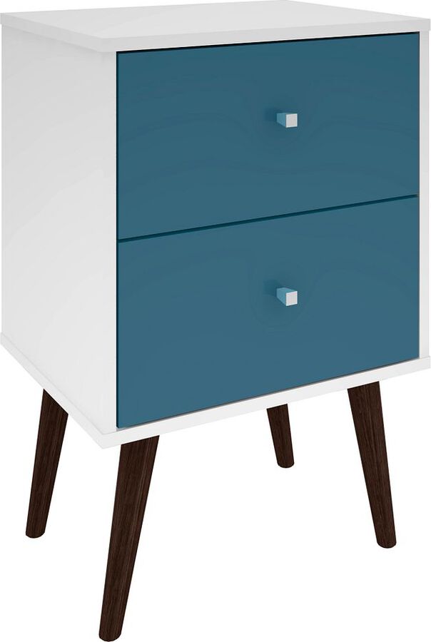 Manhattan Comfort Nightstands & Side Tables - Liberty Mid-Century - Modern Nightstand 2.0 with 2 Full Extension Drawers in White & Aqua Blue with