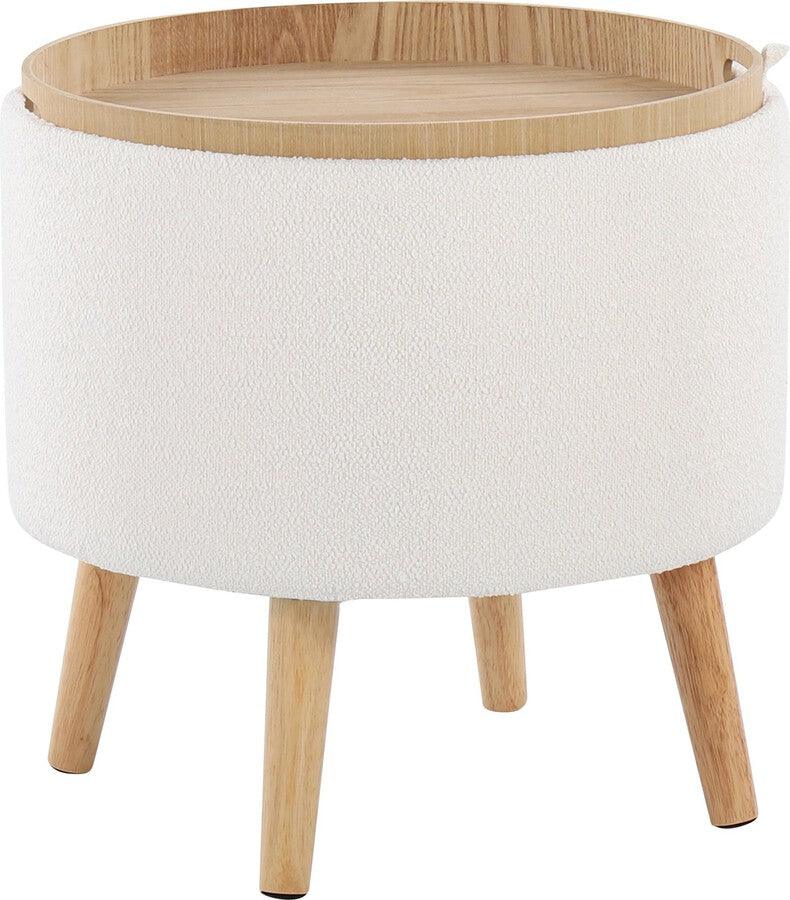 Lumisource Ottomans & Stools - Tray Storage Ottoman With Matching Stool In Textured Cream Fabric & Natural Wood Legs