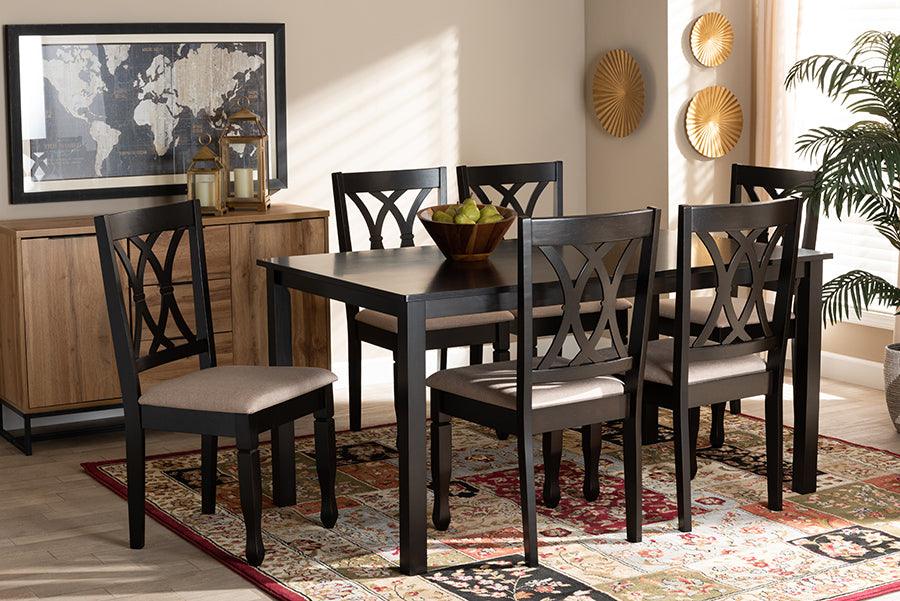 Wholesale Interiors Dining Sets - Reneau Sand Fabric Upholstered Espresso Brown Finished Wood 7-Piece Dining Set