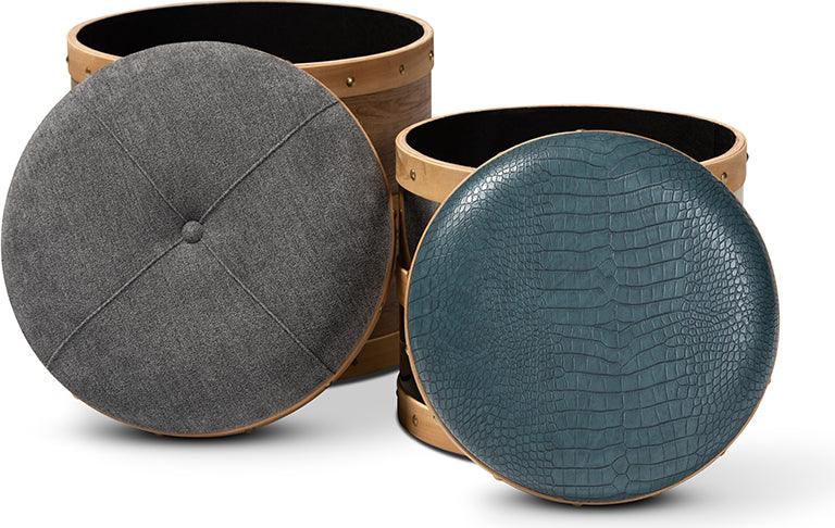 Wholesale Interiors Ottomans & Stools - Caleb Modern Grey Fabric and Blue Faux Leather Wood and Metal Storage Ottoman Set