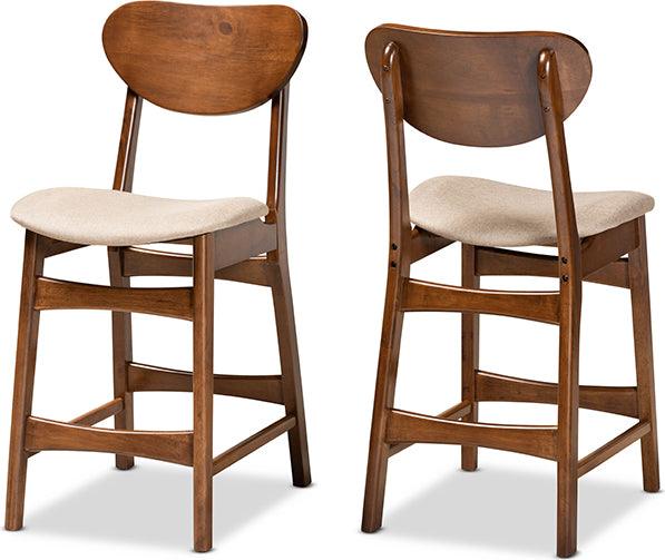 Wholesale Interiors Barstools - Katya Mid-Century Modern Sand Fabric and Brown Wood 2-Piece Counter Stool Set