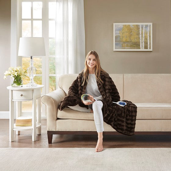Olliix.com Heated Blankets - Faux Fur Heated Throw Brown