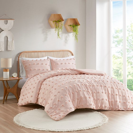 Olliix.com Duvet & Duvet Sets - Clip Jacquard Duvet Cover Set Pink Full/Queen