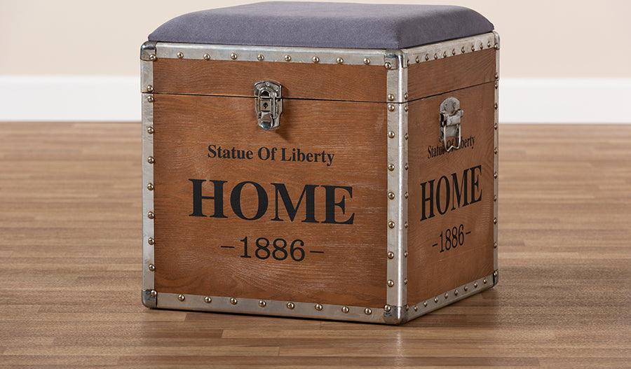 Wholesale Interiors Storage & Boxes - Violetta Vintage Industrial Light Gray Fabric Upholstered Wood Storage Trunk Ottoman