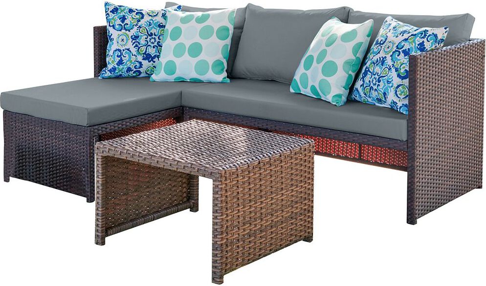 Manhattan Comfort Outdoor Conversation Sets - Menton Patio 2-Seater and Lounge Chair with Coffee Table with Grey Cushions