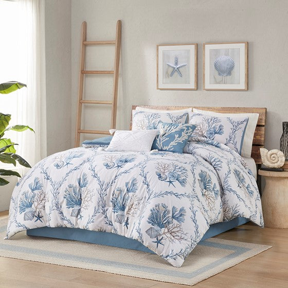 Olliix.com Comforters & Blankets - 6 Piece Oversized Cotton Comforter Set with Throw Pillows Blue/White Cal King