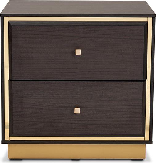 Wholesale Interiors Nightstands & Side Tables - Cormac Mid-Century Modern Dark Brown Finished Wood and Gold Metal 2-Drawer Nightstand
