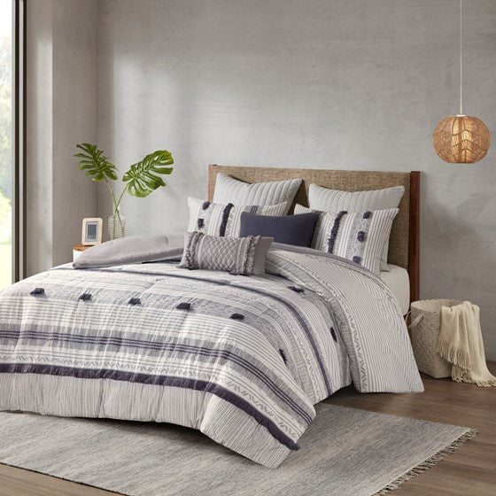 Olliix.com Comforters & Blankets - 3 Piece Cotton Comforter Set Gray/Navy Full/Queen
