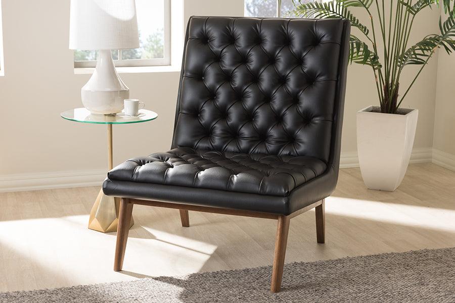 Wholesale Interiors Accent Chairs - Annetha Mid-Century Modern Black Faux Leather Walnut Wood Lounge Chair
