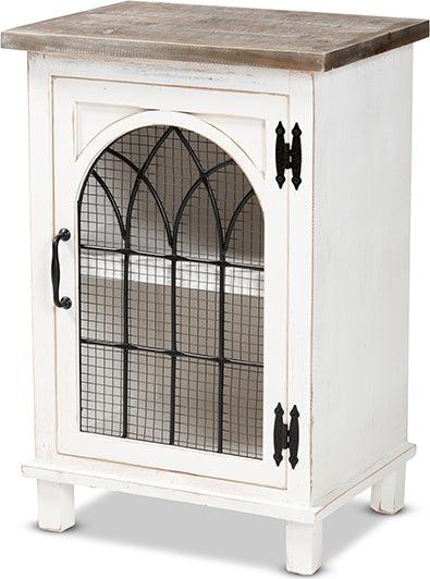 Wholesale Interiors Side & End Tables - Faron Farmhouse Two-Tone Distressed White and Oak Brown Finished Wood 1-Door End Table