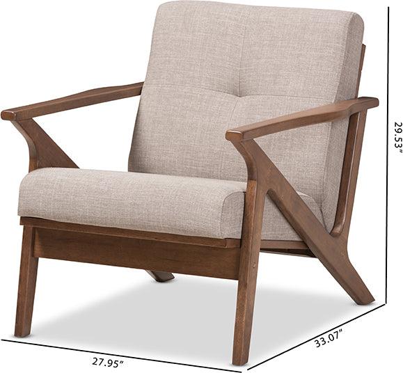 Wholesale Interiors Accent Chairs - Bianca Mid-Century Modern Walnut Wood Light Grey Fabric Tufted Lounge Chair