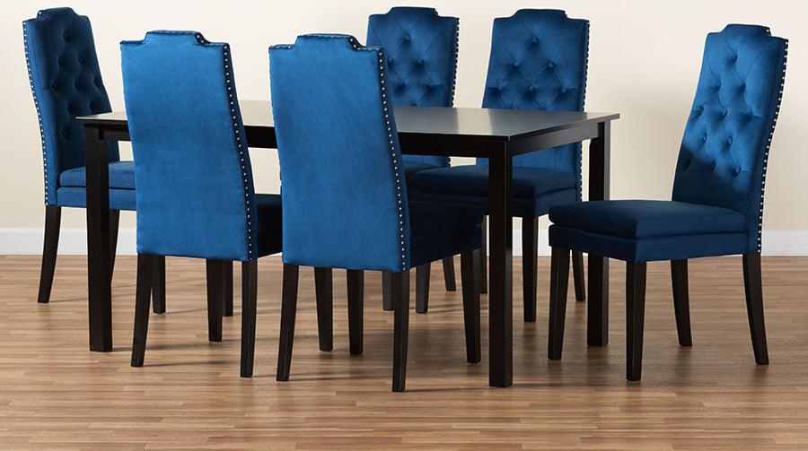 Wholesale Interiors Dining Sets - Dylin Contemporary Navy Blue Velvet and Dark Brown Wood 7-Piece Dining Set