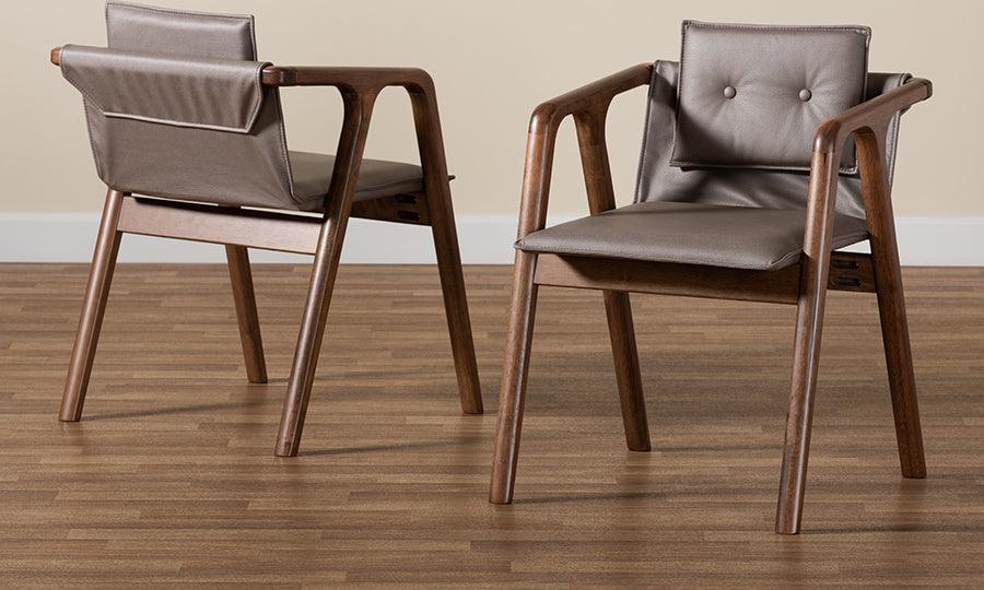 Wholesale Interiors Dining Chairs - Marcena Mid-Century Modern Grey Leather and Brown Wood 2-Piece Dining Chair Set