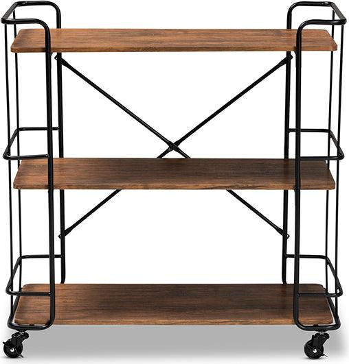 Wholesale Interiors Bar Units & Wine Cabinets - Neal Rustic Industrial Style Black Metal and Walnut Finished Wood Bar and Kitchen Serving Cart