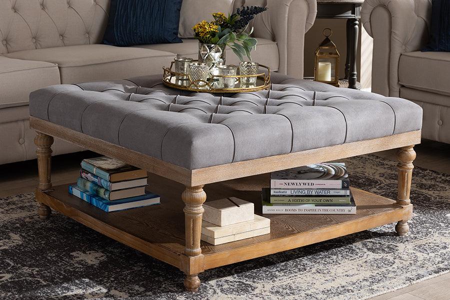 Wholesale Interiors Ottomans & Stools - Kelly Modern and Rustic Grey Linen Fabric and Greywashed Wood Cocktail Ottoman