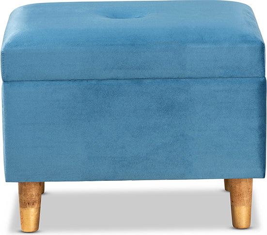 Wholesale Interiors Ottomans & Stools - Elias Sky Blue Velvet Fabric Upholstered and Oak Brown Finished Wood Storage Ottoman