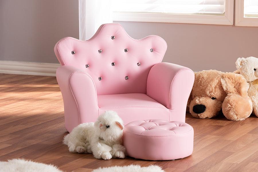 Wholesale Interiors Accent Chairs - Ava Modern and Contemporary Pink Faux Leather 2-Piece Kids Armchair and Footrest Set
