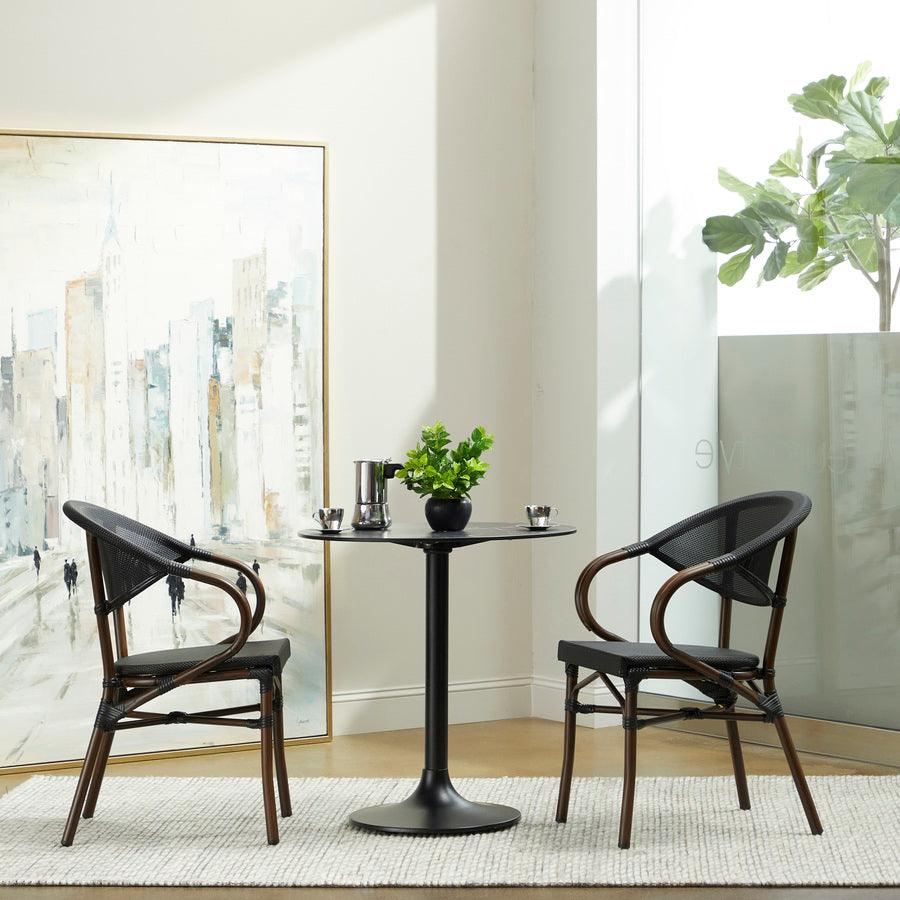 Euro Style Dining Chairs - Jannie Stacking Armchair in Black Textylene Mesh with Brown Frame - Set of 2