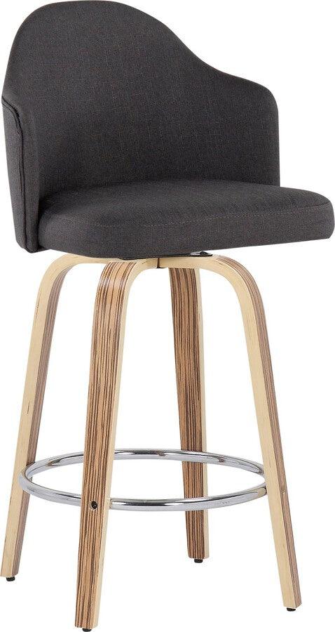 Lumisource Barstools - Ahoy Fixed-Height Counter Stool With Zebra Wood Legs & Round Chrome With Charcoal (Set of 2)