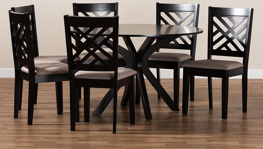 Wholesale Interiors Dining Sets - Norah Sand Fabric Upholstered and Dark Brown Finished Wood 7-Piece Dining Set