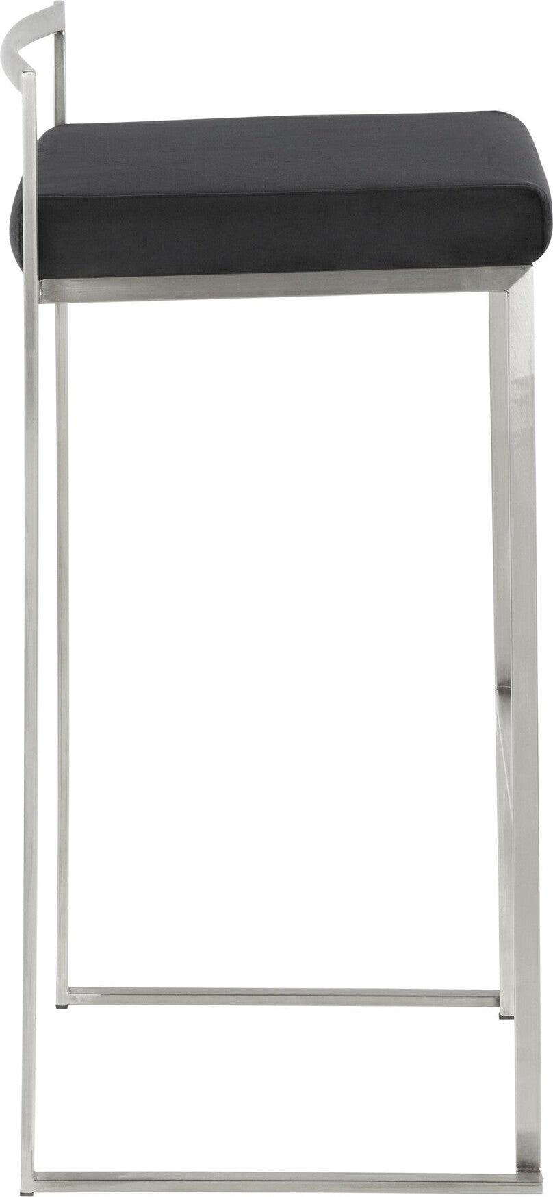 Lumisource Barstools - Fuji Contemporary Stackable Barstool in Stainless Steel with Black Velvet Cushion (Set of 2)