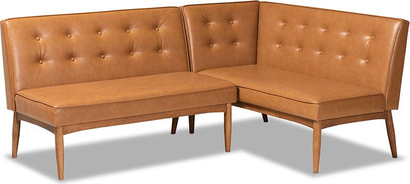 Wholesale Interiors Benches - Arvid Mid-Century Modern Tan Faux Leather and Brown 2-Piece Wood Dining Banquette Set