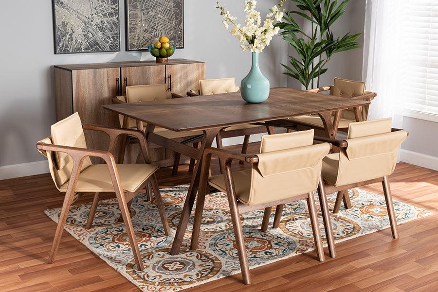 Wholesale Interiors Dining Sets - Marcena Mid-Century Modern Beige Imitation and Brown Finished Wood 7-Piece Dining Set