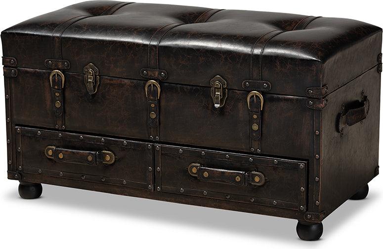 Wholesale Interiors Ottomans & Stools - Callum Transitional Brown Faux Leather Upholstered 2-Drawer Storage Trunk Ottoman