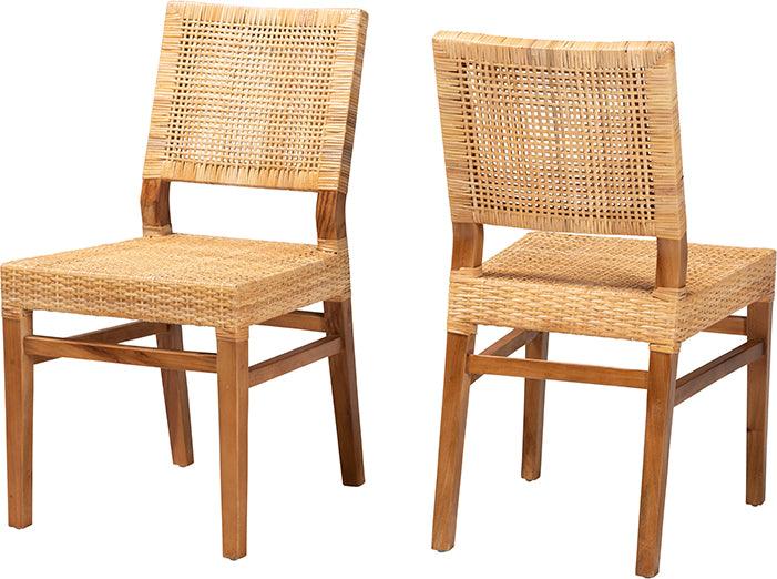 Wholesale Interiors Dining Chairs - Lesia Modern Bohemian Natural Brown Rattan and Walnut Brown Mahogany Wood 2-Piece Dining Chair Set