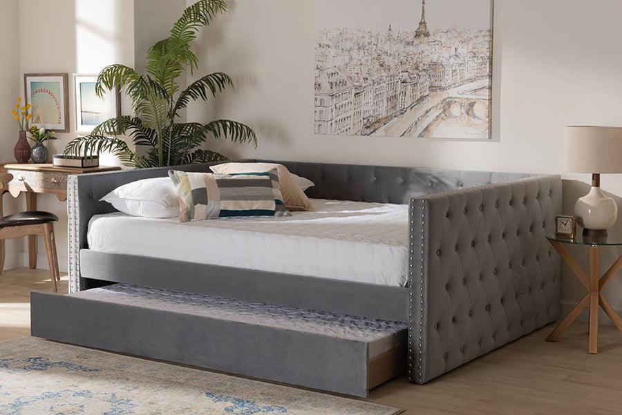 Wholesale Interiors Daybeds - Larkin Grey Velvet Fabric Upholstered Full Size Daybed with Trundle