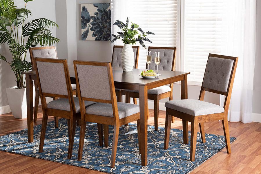 Wholesale Interiors Dining Sets - Suvi Grey Fabric Upholstered and Walnut Brown Finished Wood 7-Piece Dining Set