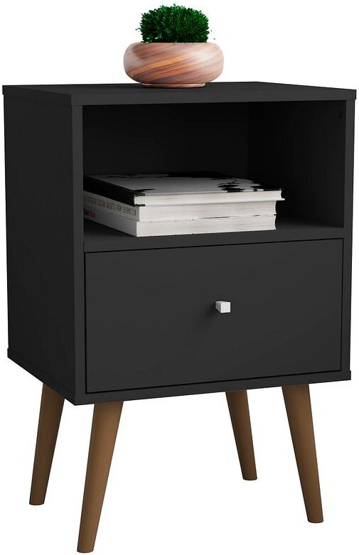 Manhattan Comfort Nightstands & Side Tables - Liberty Mid-Century - Modern Nightstand 1.0 with 1 Cubby Space & 1 Drawer in Black