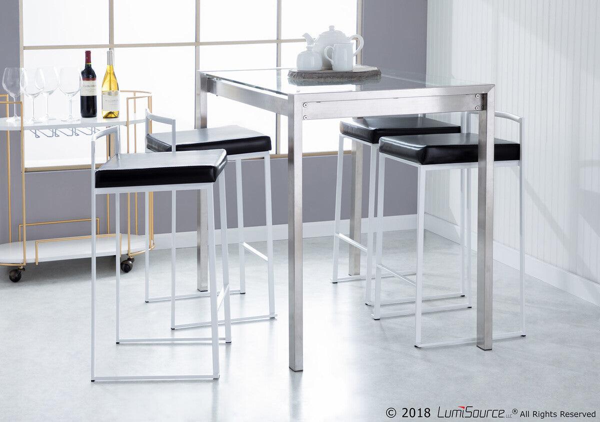 Lumisource Barstools - Fuji Contemporary Stackable Counter Stool in White with Black Faux Leather Cushion - Set of 2