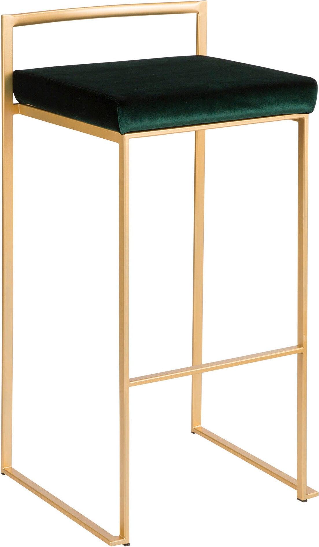Lumisource Barstools - Fuji Contemporary-Glam Stackable Barstool in Gold with Green Velvet Cushion (Set of 2)