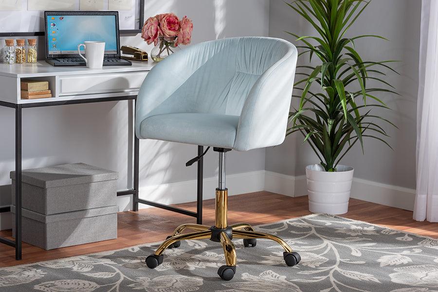 Wholesale Interiors Task Chairs - Ravenna Contemporary Glam and Luxe Aqua Velvet Fabric and Gold Metal Swivel Office Chair